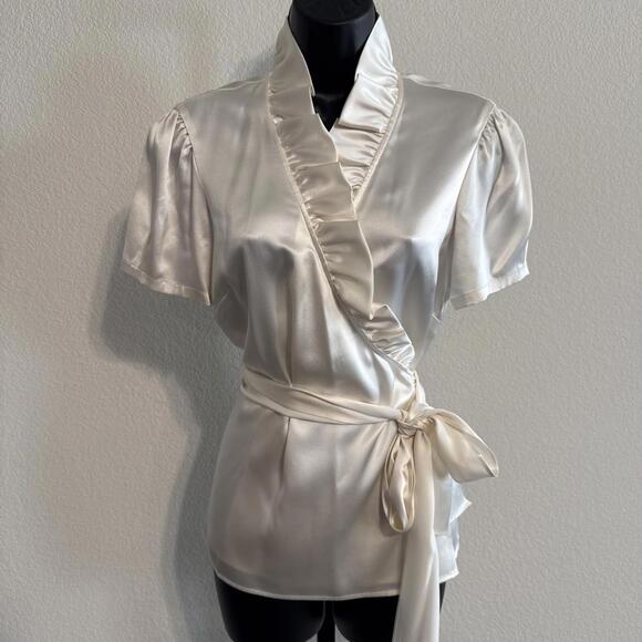 $398 Lafayette 148 New York Wrap Silk Blouse Cream  with Ruffle Collar - Sz 8 - Picture 1 of 9
